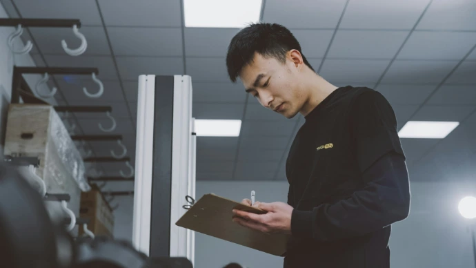 a man standing in a room holding a clipboard