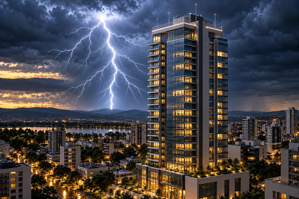 Imagem ilustrativa de prédio alto com SPDA na cobertura e raio luminoso em céu de tempestade