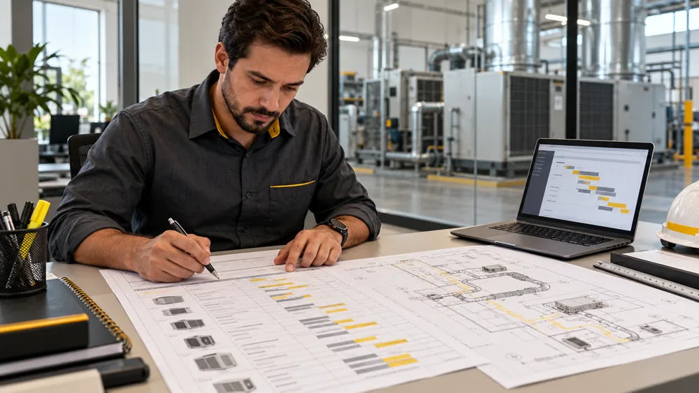 Cena ilustrativa de elaboração do PMOC, com revisão de inventário de equipamentos, programação de manutenção e documentos técnicos.