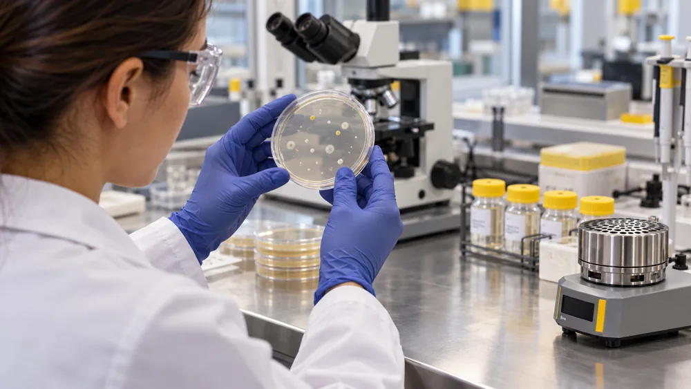 Cena ilustrativa de análise microbiológica de amostras ambientais em laboratório, com placas fechadas e equipamentos de análise.